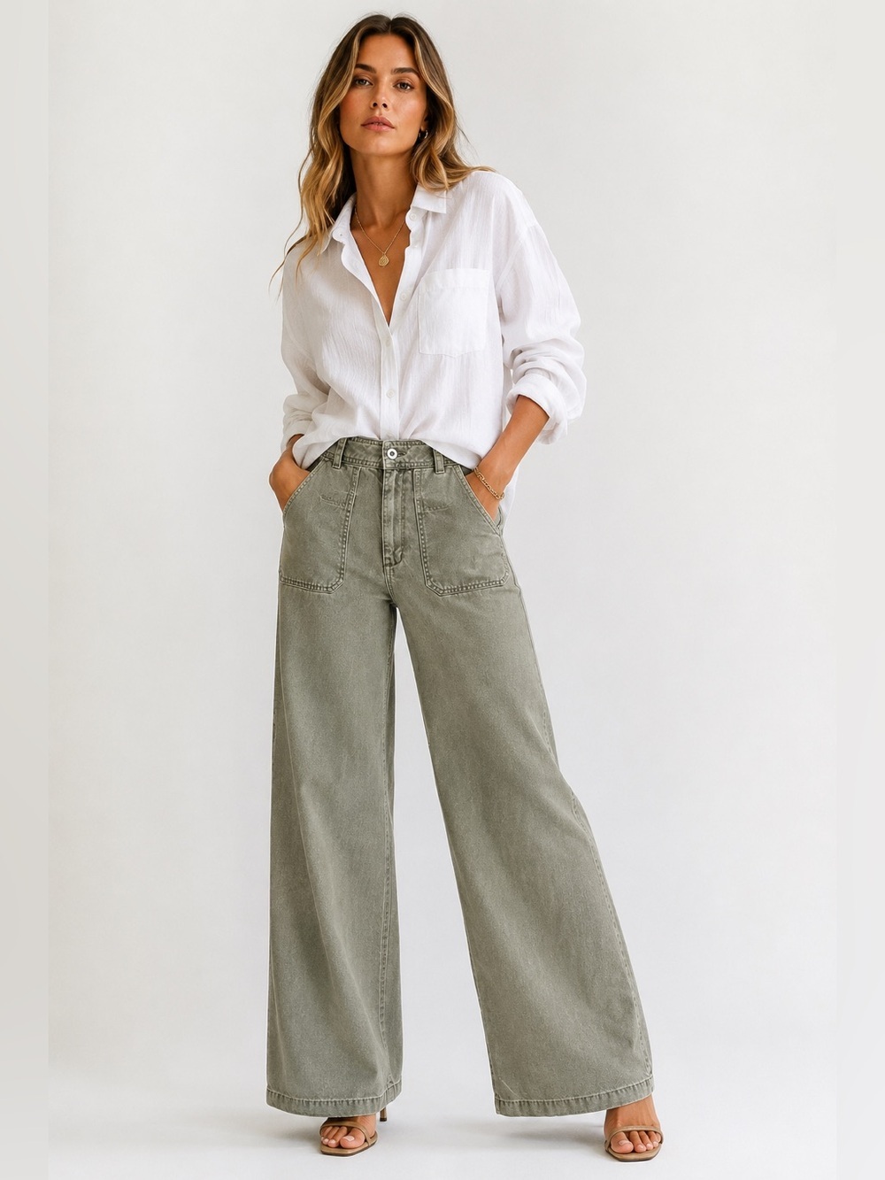 Bella Dahl Size 28 High Rise Wide Leg Tencel Pants Washed Olive Gray